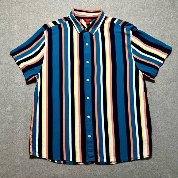 GUESS Los Angeles Men’s Shirt Large Multicolor Vertical Stripes Rayon Blend - Picture 1 of 6